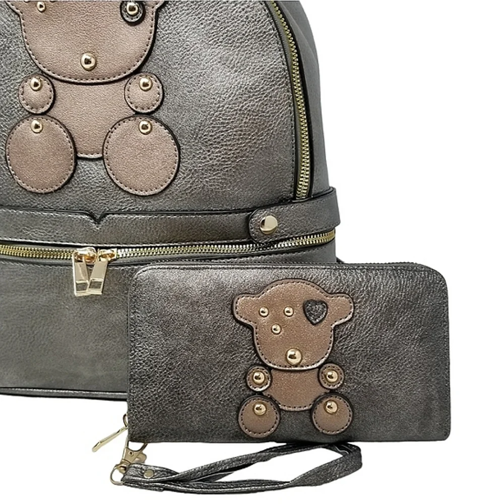 Metallic Pewter Bear Backpack and wallet set